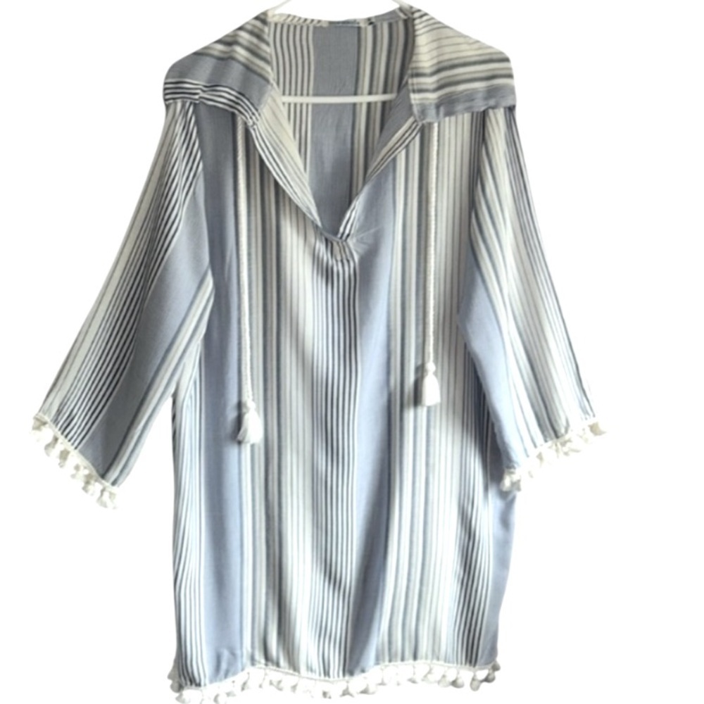 Blue Island Blue and White Striped with Tassels Swim Suit Coverup with Hood XL